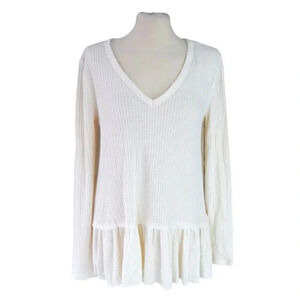 NWT Anthropologie Eri + Ali Waffle Knit Ruffled Peplum Long Sleeve Blouse M Boho